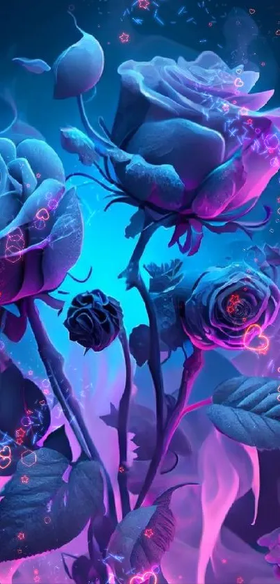 Vibrant neon rose wallpaper with blue and purple glow.