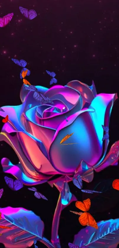 A vibrant neon rose with purple and blue hues in a digital wallpaper design.