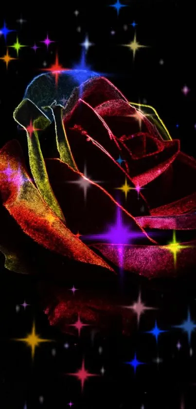 Vibrant neon rose glowing against a dark starry background.