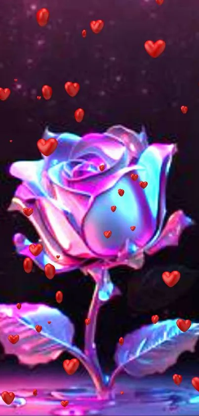 Vibrant neon rose against a dreamy purple background.