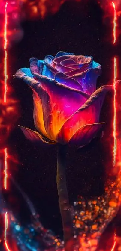 Vibrant neon rose with glowing colors on a dark background.