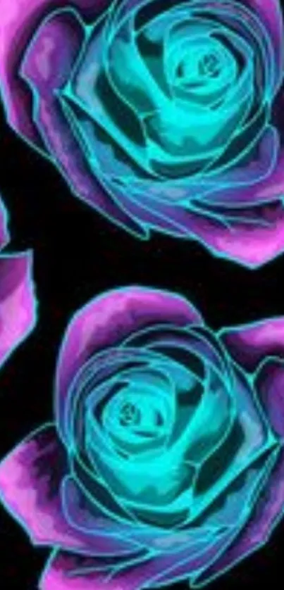 Vibrant neon turquoise and purple rose wallpaper.