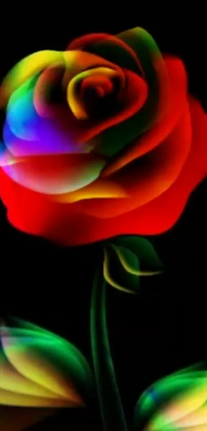 Vibrant neon rose with colorful petals on a dark background mobile wallpaper.