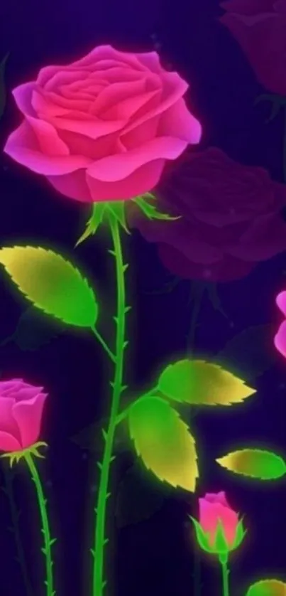 Neon roses glowing on a dark purple background.