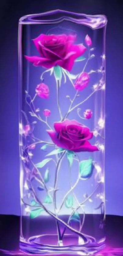 Vibrant mobile wallpaper with neon roses in glowing purple hues.