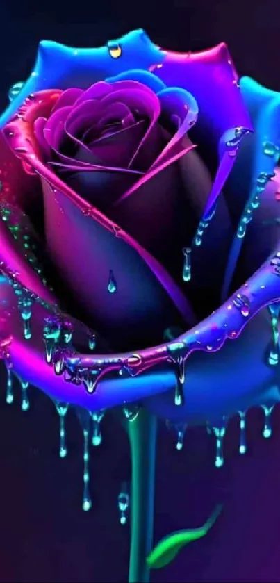 Vibrant neon rose with droplets on a dark background wallpaper.