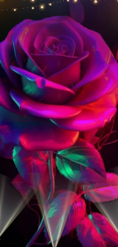 Vibrant neon rose with colorful leaves, striking against a dark background.