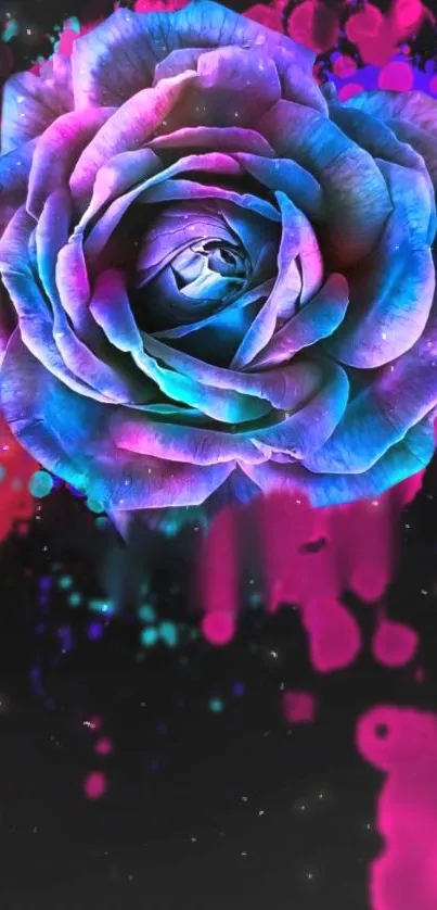 Vibrant neon rose with colorful splashes on dark background.