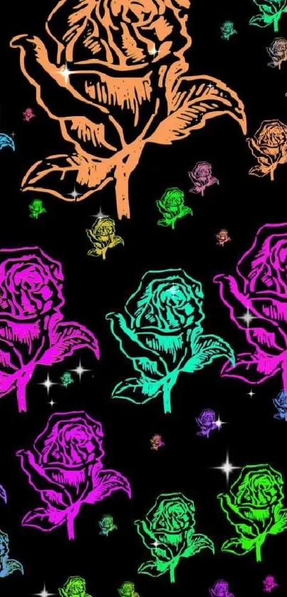 Vibrant neon roses on a black background, creating a striking floral pattern.