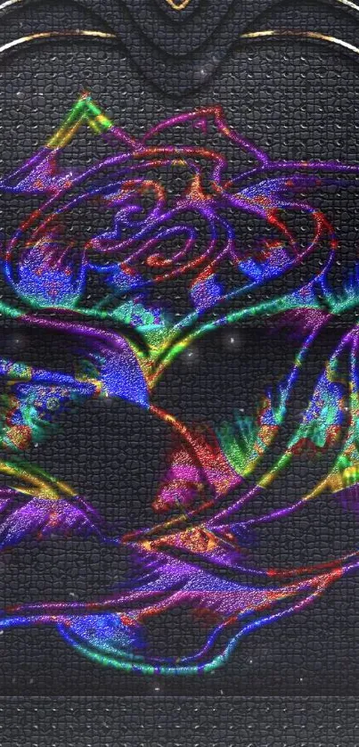 Vibrant neon rose on a black background with intricate colorful details.