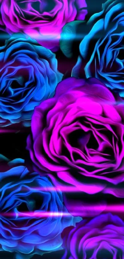 Vivid neon roses against a black background.