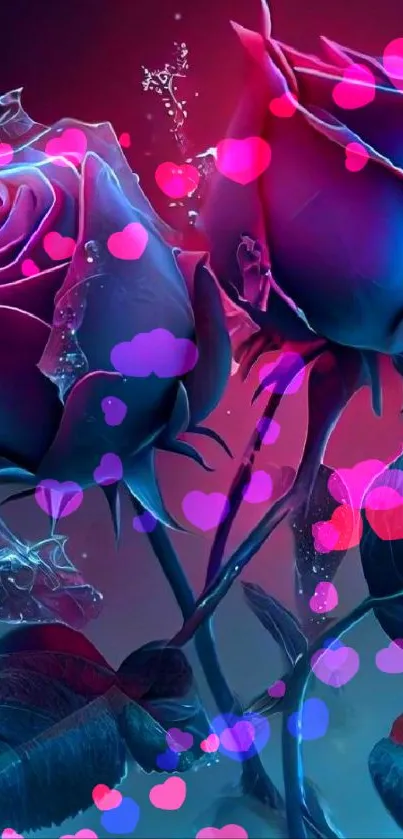 Neon blue and pink roses with glowing effect in wallpaper image.