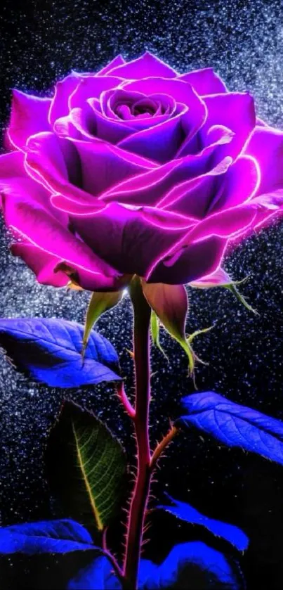 Vibrant neon purple rose with cosmic backdrop.