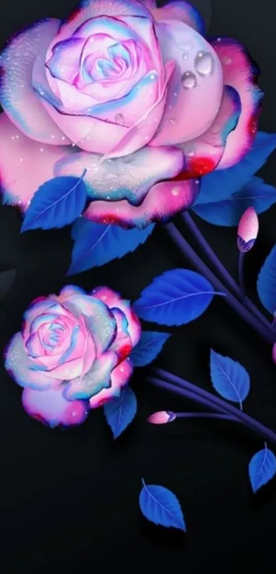 Neon roses with vibrant colors on a dark background wallpaper.