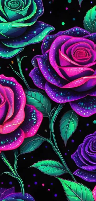 Vibrant neon roses with intricate details on a black background.