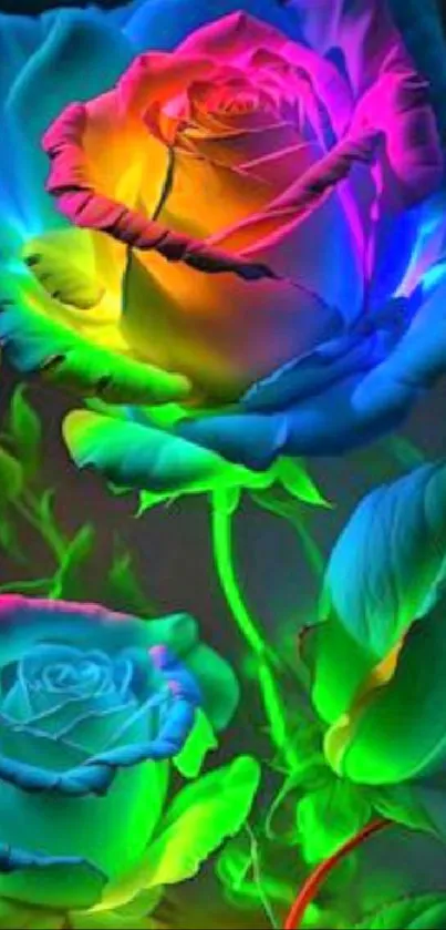 Vibrantly colorful neon roses wallpaper design.