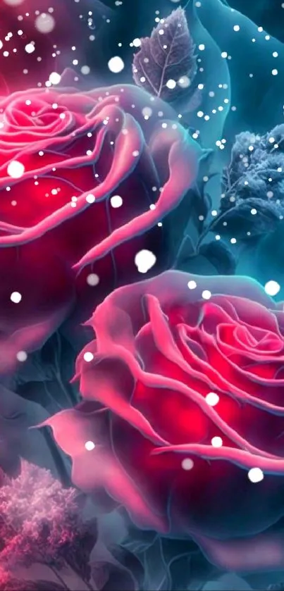 Vibrant neon red roses with mystical aura on mobile wallpaper.