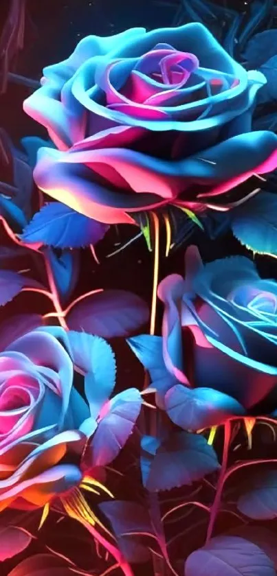 Vibrant neon roses with blue and pink hues, creating a stunning wallpaper.