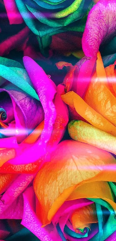 Vibrant multi-colored neon roses mobile wallpaper.