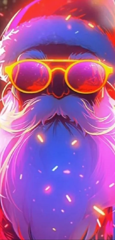 Neon Santa Claus with vibrant colors and glowing glasses.