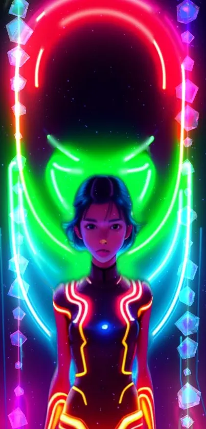 A sci-fi figure surrounded by neon lights in vibrant colors on a dark background.