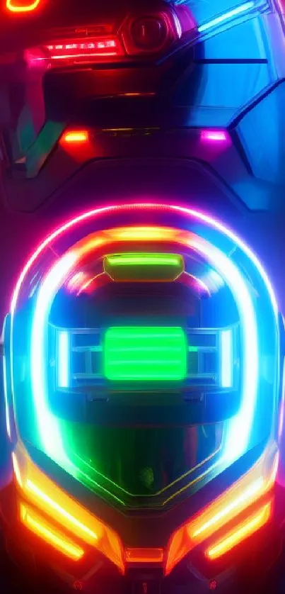 Neon-lit sci-fi helmet with vibrant colors on black background.