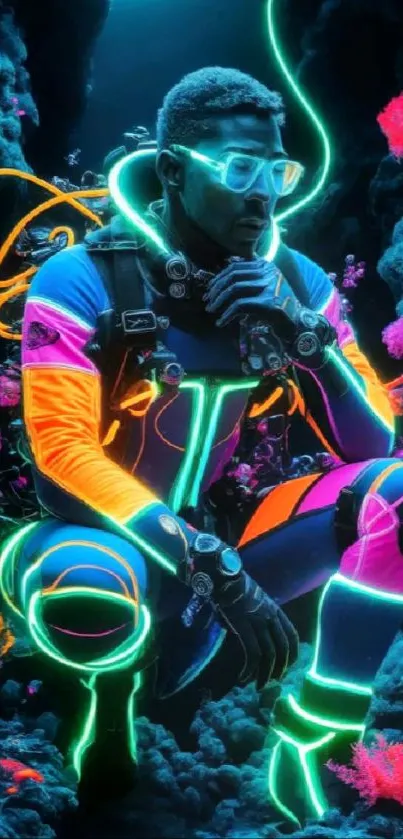 Mobile wallpaper of a neon diver in a glowing underwater world.