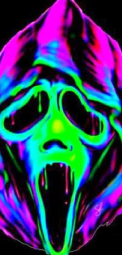 Neon scream face artwork with vibrant colors on a black background.