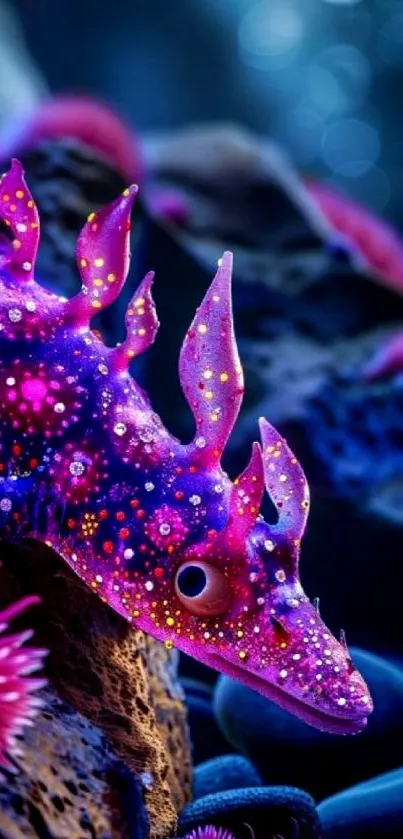 Vibrant neon sea dragon in an underwater fantasy setting.