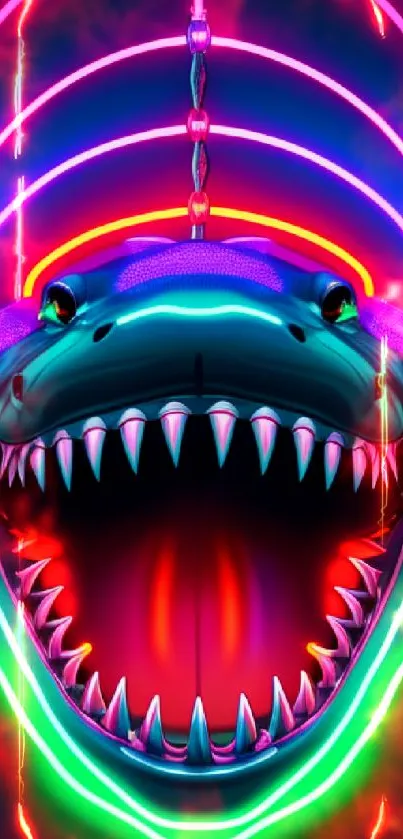 Neon shark head with vibrant glow and bold colors in futuristic style.