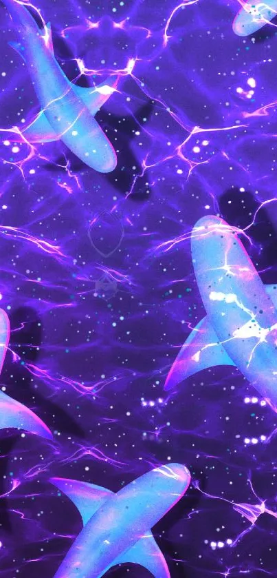 Vibrant neon shark wallpaper with purple and blue hues.