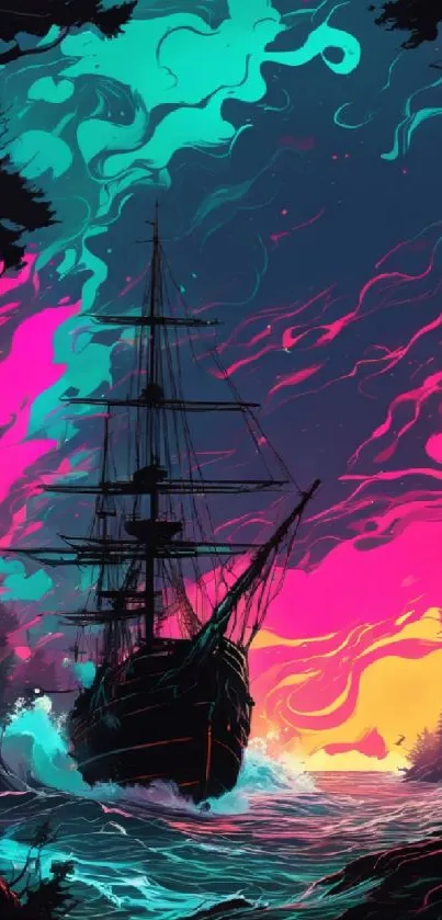 Vibrant neon ship sailing through a fantasy ocean on a colorful smartphone wallpaper.