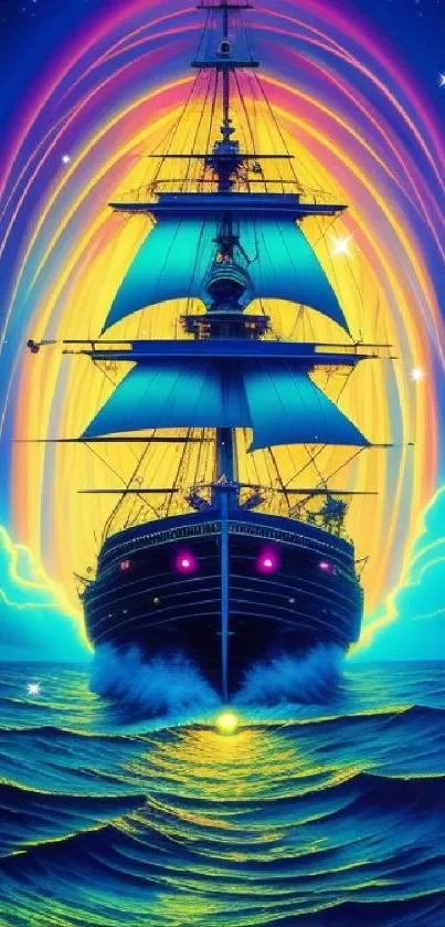 A neon-lit ship sailing through vibrant ocean waves under a colorful sky.