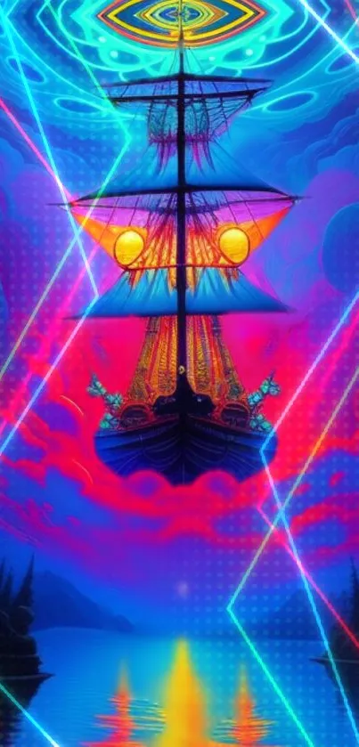 Neon ship sailing in vibrant, dreamlike scenery with colorful glowing hues.