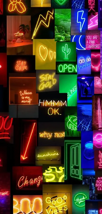Vibrant mobile wallpaper featuring eclectic neon signs in various colors.