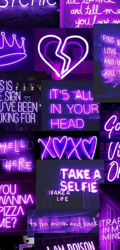 Vibrant purple neon sign collage wallpaper for mobile.