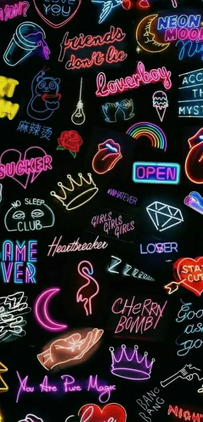 Vibrant collage of neon signs with symbols and phrases on a black background.