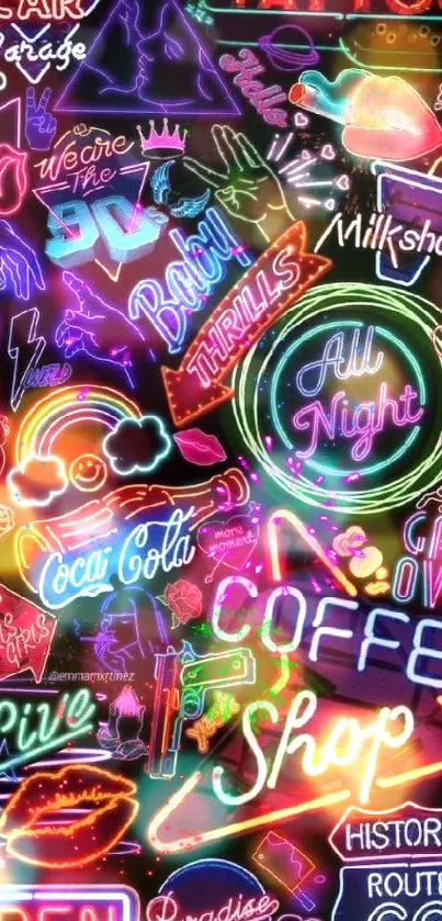 Neon sign collage with colorful retro designs.