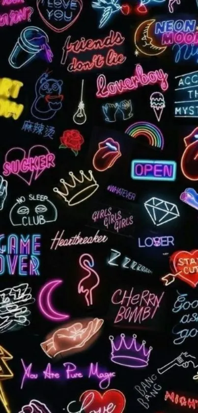 Vibrant neon signs mobile wallpaper with colorful designs.