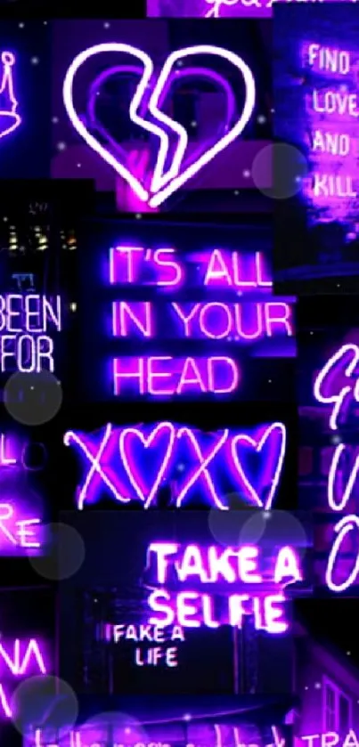 Vibrant mobile wallpaper with purple neon signs and symbols.