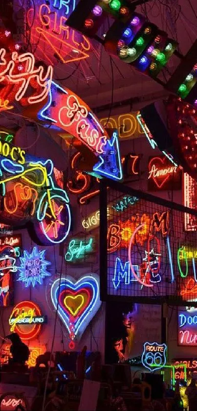 A vibrant collage of colorful neon signs at night.