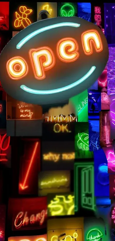 Vibrant neon signs wallpaper with colorful lights and retro designs.