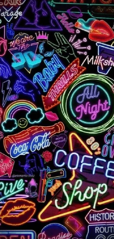 Colorful neon signs collage wallpaper with vibrant urban themes.