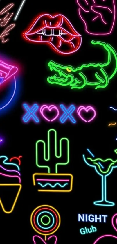 Colorful neon signs on black background.