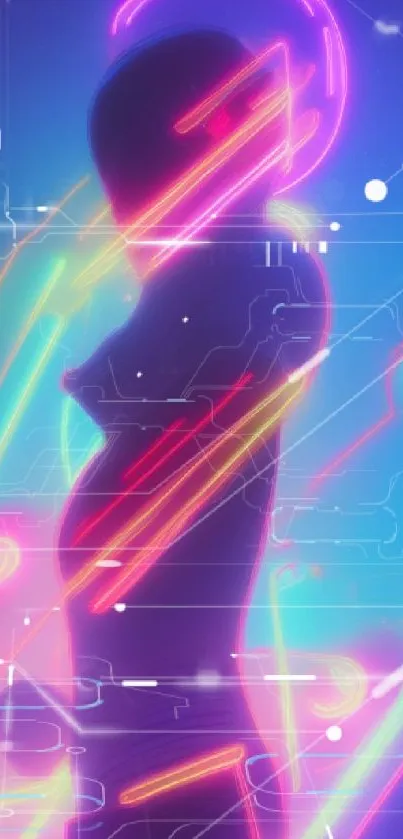 Mobile wallpaper with vibrant neon silhouette and colorful glow.