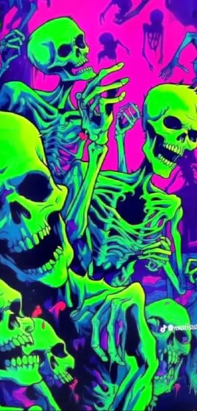 Neon skeleton art with vibrant colors, perfect for mobile wallpaper.