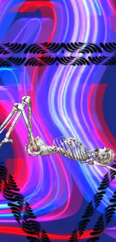 Neon skeleton on a colorful background with vibrant hues.