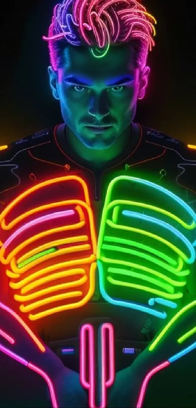 Vibrant neon skeleton art with glowing colors and a dark background.