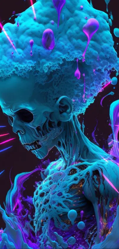 Vibrant neon skeleton art with electric blue hues.