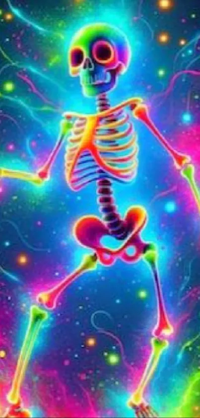 Bright neon skeleton art with vibrant glowing colors on a cosmic background.